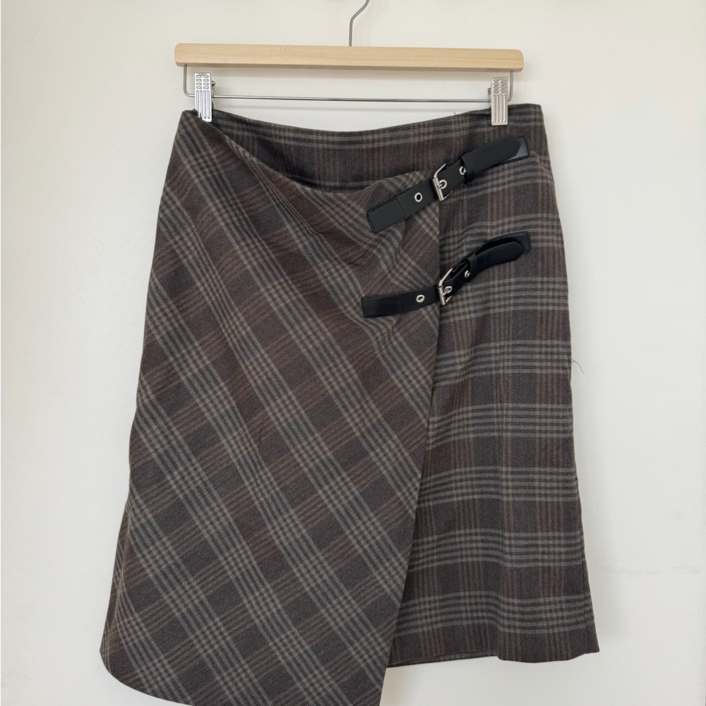 Mango Asymmetrical Plaid Skirt with Buckle Detail Brand Bew